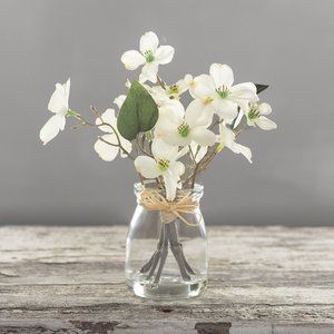 Dogwood Blossom Faux Flowers in Glass Vase